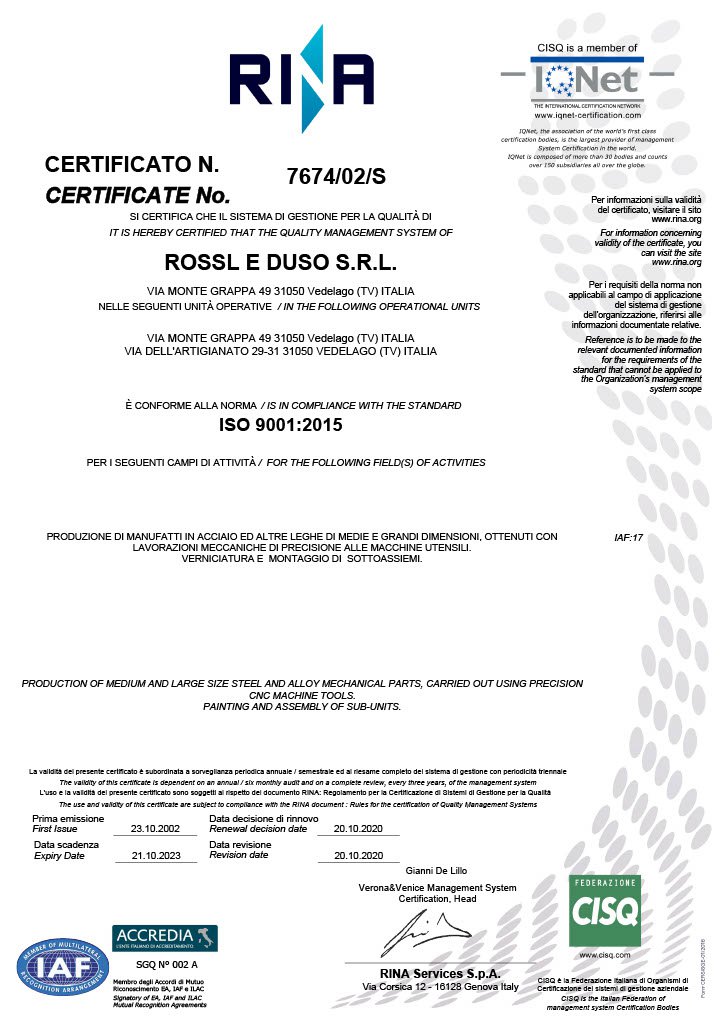 Renewal of Rossl e Duso's Quality Management System Certification 2020-2021. Download the certificate!
